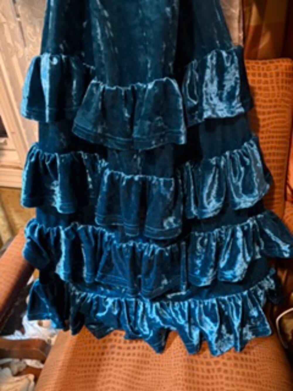 Striking Sapphire Blue Velvet Dress with a Cascading Ruffle Hem (2XL) - Picture 2 of 4